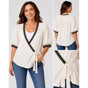 Vince‎ Camuto Womens 3X Ivory Crinkle Gauze Wrap Top Black Trim Puff Sleeve